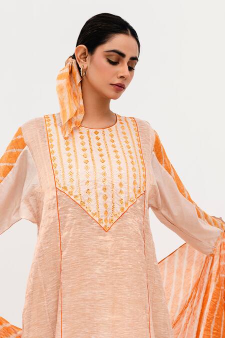 Buy_Naina Jain_Orange Silk, Linen Embroidery, Mirrors Mej Bloom Yoke Textured Kurta Pant Set_Online_at_Aza_Fashions