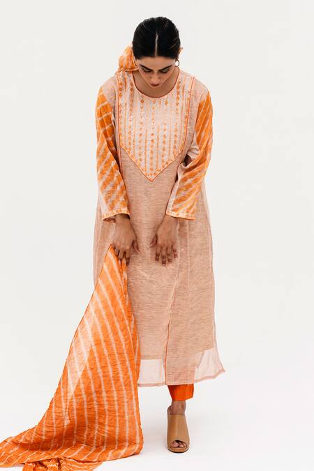 Shop_Naina Jain_Orange Silk, Linen Embroidery, Mirrors Mej Bloom Yoke Textured Kurta Pant Set_Online_at_Aza_Fashions