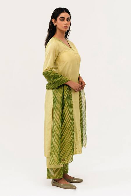 Naina Jain Green Silk, Linen, Tissue Mirrors V-neck Suri Ditsy Embroidered Kurta Pant Set Online at Aza Fashions Naina Jain_Green Silk, Linen, Tissue Mirrors V-neck Suri Ditsy Embroidered Kurta Pant Set_Online_at_Aza_Fashions