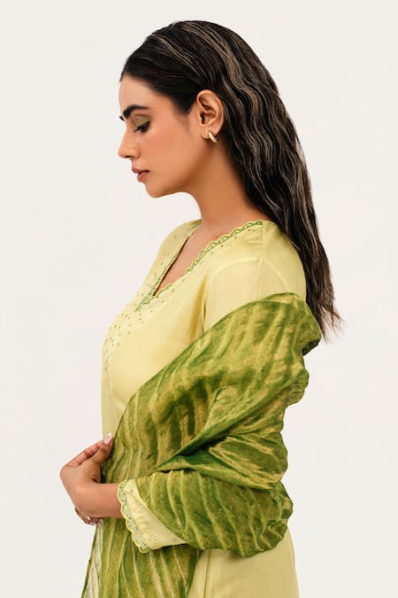 Shop_Naina Jain_Green Silk, Linen, Tissue Mirrors V-neck Suri Ditsy Embroidered Kurta Pant Set_Online_at_Aza_Fashions