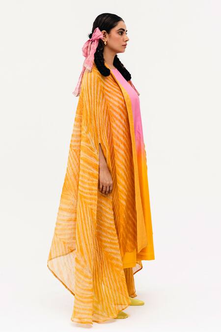 Buy_Naina Jain_Pink Silk, Linen Round Neck Khari Ombre Dress With Asymmetric Arashi Cape_Online_at_Aza_Fashions