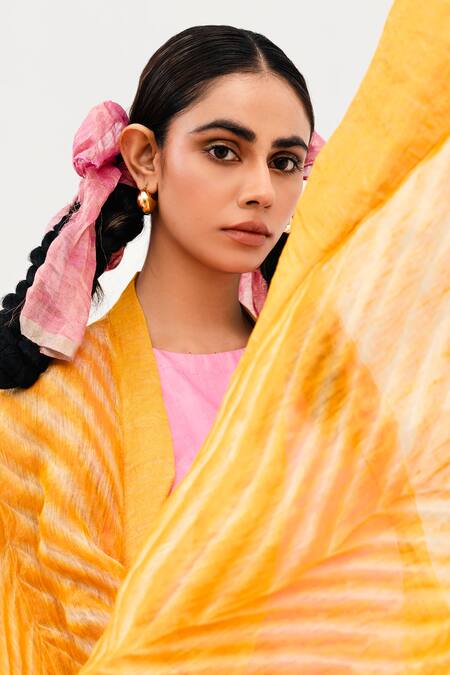 Shop_Naina Jain_Pink Silk, Linen Round Neck Khari Ombre Dress With Asymmetric Arashi Cape_Online_at_Aza_Fashions