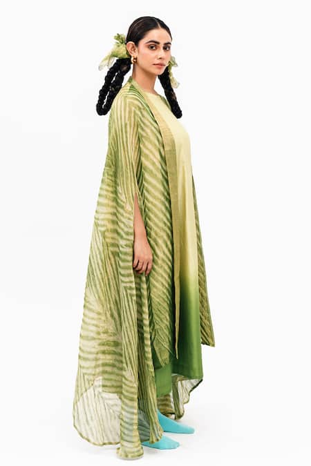 Naina Jain_Green Silk, Linen, Tissue Round Khari Shaded Dress With Asymmetric Arashi Cape_Online_at_Aza_Fashions