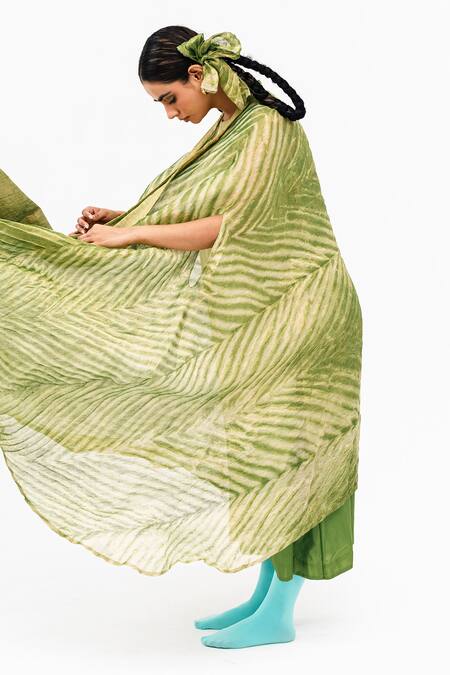 Buy_Naina Jain_Green Silk, Linen, Tissue Round Khari Shaded Dress With Asymmetric Arashi Cape_Online_at_Aza_Fashions