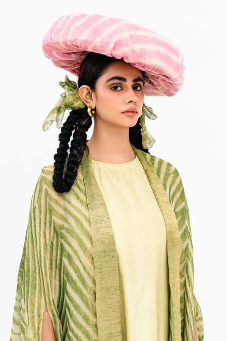 Shop_Naina Jain_Green Silk, Linen, Tissue Round Khari Shaded Dress With Asymmetric Arashi Cape_Online_at_Aza_Fashions