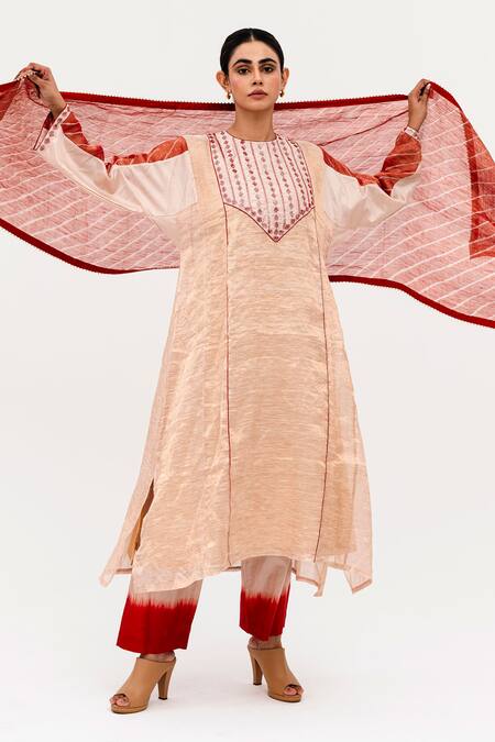 Buy_Naina Jain_Red Silk, Linen, Tissue Embroidery, Mej Sheesha Yoke Textured Kurta Pant Set_Online_at_Aza_Fashions