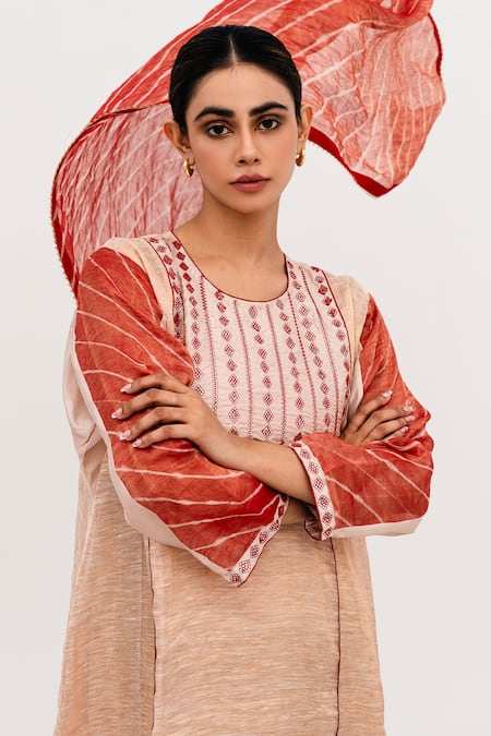 Shop_Naina Jain_Red Silk, Linen, Tissue Embroidery, Mej Sheesha Yoke Textured Kurta Pant Set_Online_at_Aza_Fashions