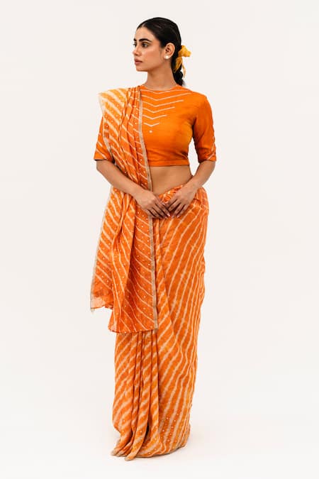 Naina Jain Orange Tissue Raw Silk Embroidery Mirror Luni Leheriya Saree With Work Blouse 