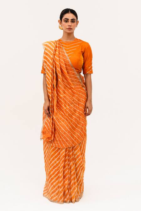 Naina Jain_Orange Tissue, Linen Mirrors High Neck Luni Leheriya Saree With Work Blouse_Online_at_Aza_Fashions