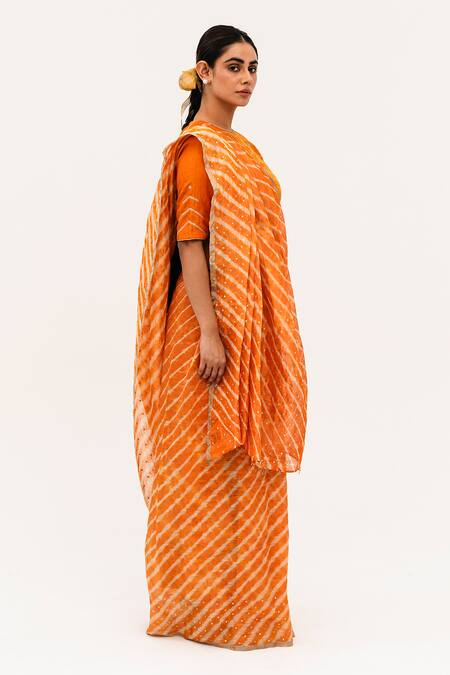 Buy_Naina Jain_Orange Tissue, Linen Mirrors High Neck Luni Leheriya Saree With Work Blouse_Online_at_Aza_Fashions