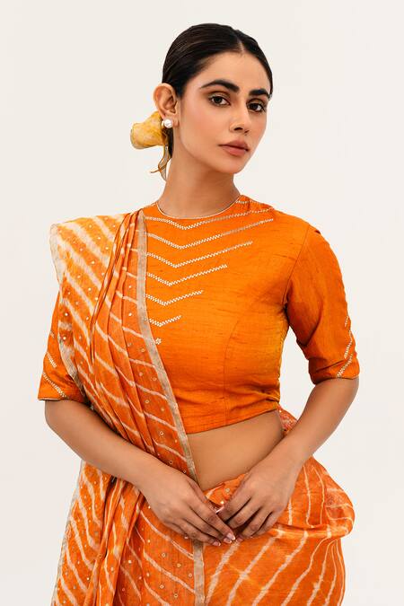 Shop_Naina Jain_Orange Tissue, Linen Mirrors High Neck Luni Leheriya Saree With Work Blouse_Online_at_Aza_Fashions