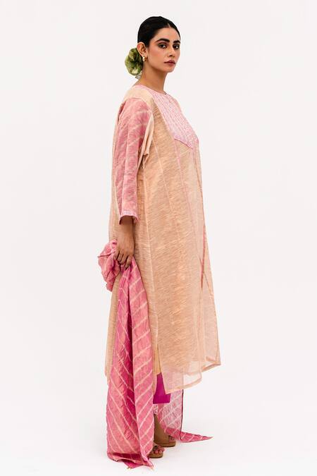 Naina Jain_Pink Silk, Linen Embroidery, Mirrors Round Neck Mej Sheesh Yoke Kurta Pant Set_Online_at_Aza_Fashions