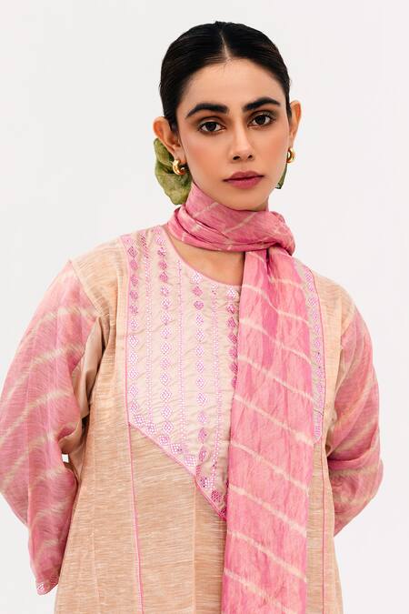 Shop_Naina Jain_Pink Silk, Linen Embroidery, Mirrors Round Neck Mej Sheesh Yoke Kurta Pant Set_Online_at_Aza_Fashions
