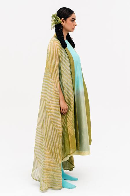 Naina Jain_Green Silk, Linen, Tissue Round Khari Shaded Dress With Asymmetric Arashi Cape_Online_at_Aza_Fashions