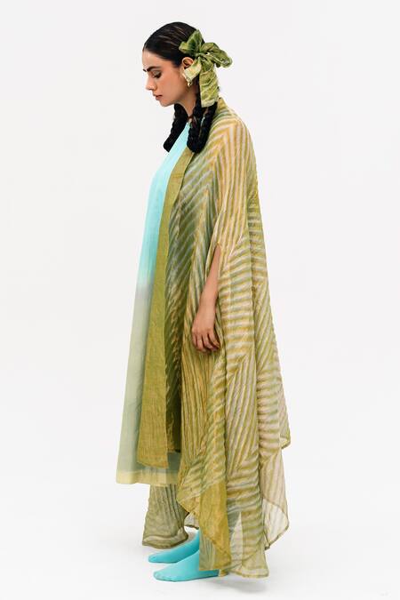 Buy_Naina Jain_Green Silk, Linen, Tissue Round Khari Shaded Dress With Asymmetric Arashi Cape_Online_at_Aza_Fashions