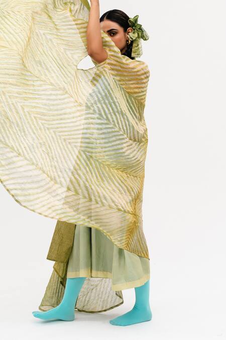 Shop_Naina Jain_Green Silk, Linen, Tissue Round Khari Shaded Dress With Asymmetric Arashi Cape_Online_at_Aza_Fashions
