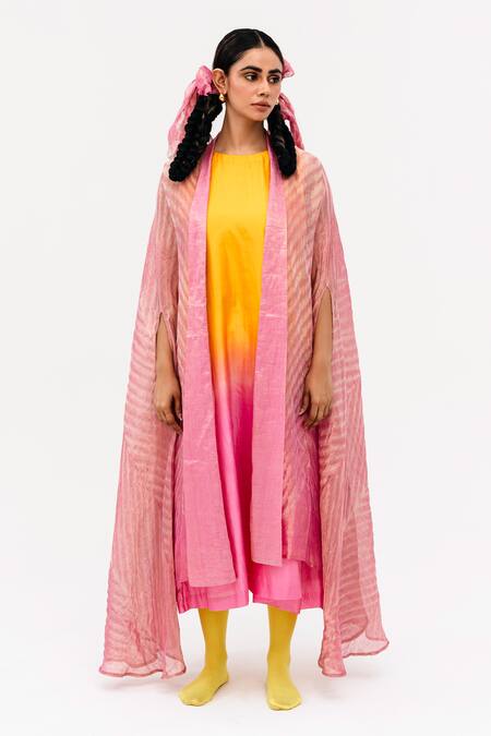 Naina Jain_Pink Silk, Linen Round Neck Khari Shaded Dress With Asymmetric Arashi Cape_Online_at_Aza_Fashions