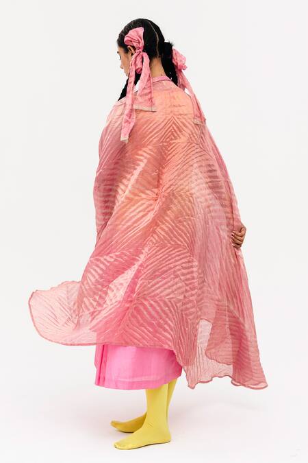 Buy_Naina Jain_Pink Silk, Linen Round Neck Khari Shaded Dress With Asymmetric Arashi Cape_Online_at_Aza_Fashions