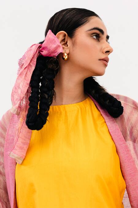 Shop_Naina Jain_Pink Silk, Linen Round Neck Khari Shaded Dress With Asymmetric Arashi Cape_Online_at_Aza_Fashions