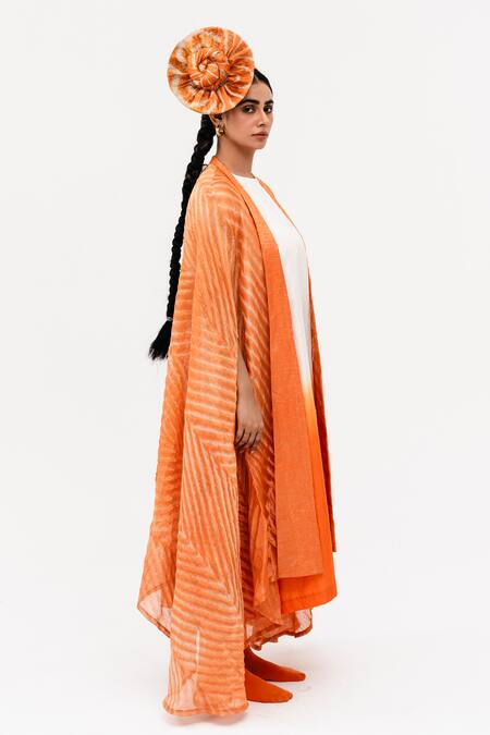 Naina Jain_Orange Silk, Linen Round Khari Ombre Shaded Dress With Asymmetric Arashi Cape_Online_at_Aza_Fashions