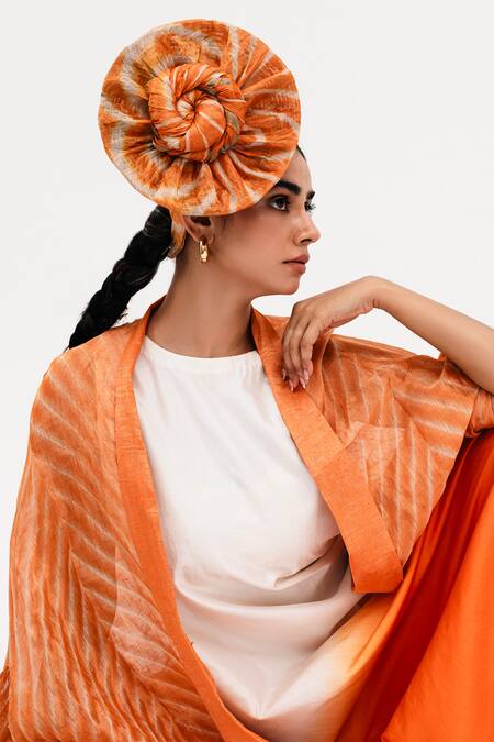 Buy_Naina Jain_Orange Silk, Linen Round Khari Ombre Shaded Dress With Asymmetric Arashi Cape_Online_at_Aza_Fashions