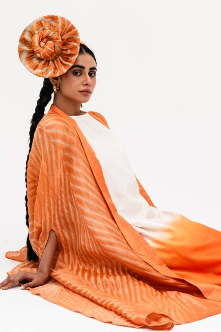 Shop_Naina Jain_Orange Silk, Linen Round Khari Ombre Shaded Dress With Asymmetric Arashi Cape_Online_at_Aza_Fashions