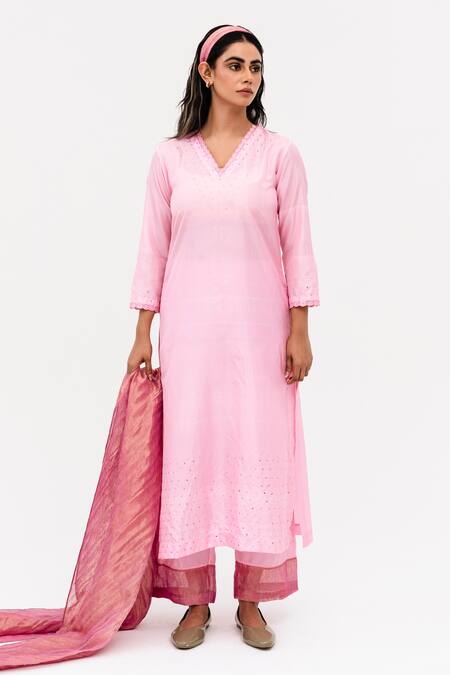 Naina Jain_Pink Silk, Linen, Tissue Embroidery V-neck Mirror Drop Kurta Set_Online_at_Aza_Fashions