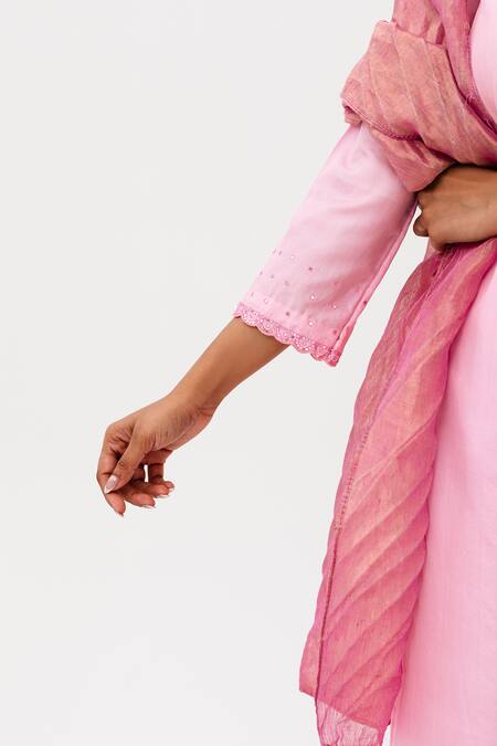 Shop_Naina Jain_Pink Silk, Linen, Tissue Embroidery V-neck Mirror Drop Kurta Set_Online_at_Aza_Fashions