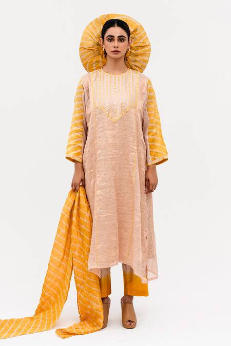 Naina Jain_Yellow Silk, Linen, Tissue Mirrors Mej Embroidered Yoke A-line Kurta Pant Set_Online_at_Aza_Fashions