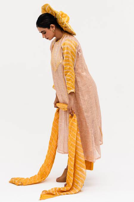 Buy_Naina Jain_Yellow Silk, Linen, Tissue Mirrors Mej Embroidered Yoke A-line Kurta Pant Set_Online_at_Aza_Fashions