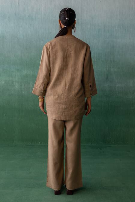 Shop Archana Jaju Brown Linen Embroidery, Sequins, Beads Floral Threadwork Shirt With Pant at Aza Fashions Shop_Archana Jaju_Brown Linen Embroidery, Sequins, Beads Floral Threadwork Shirt With Pant_at_Aza_Fashions