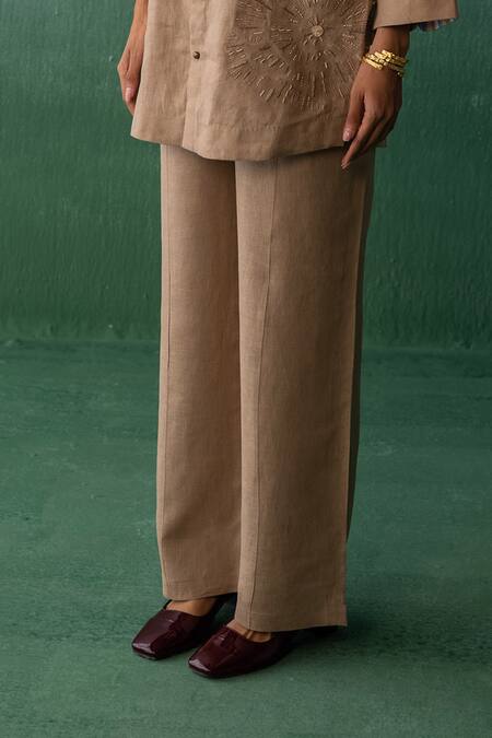 Archana Jaju Brown Linen Embroidery, Sequins, Beads Floral Threadwork Shirt With Pant Online at Aza Fashions Archana Jaju_Brown Linen Embroidery, Sequins, Beads Floral Threadwork Shirt With Pant_Online_at_Aza_Fashions