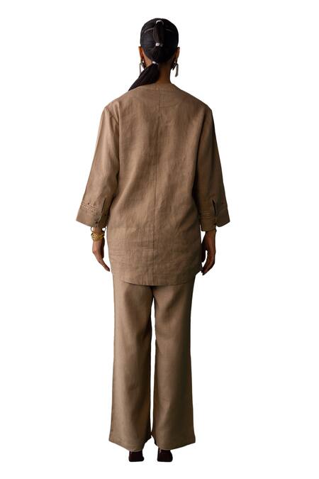 Shop Archana Jaju Brown Linen Embroidery, Sequins, Beads Floral Threadwork Shirt With Pant Online at Aza Fashions Shop_Archana Jaju_Brown Linen Embroidery, Sequins, Beads Floral Threadwork Shirt With Pant_Online_at_Aza_Fashions