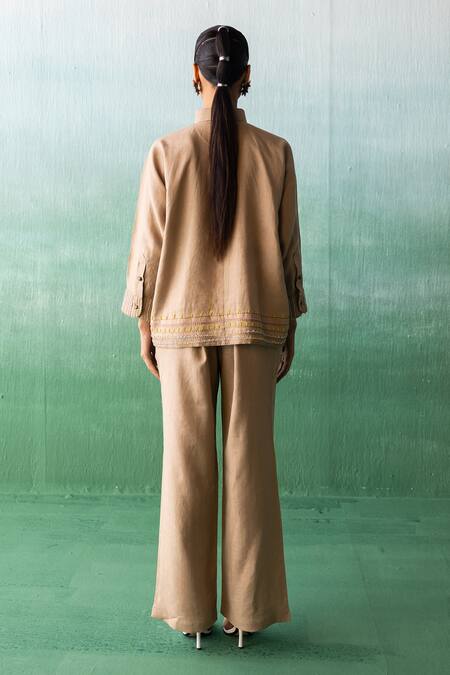 Shop_Archana Jaju_Brown Linen Embroidery, Sequins, Applique Shawl Crane-floral Shirt With Pant_at_Aza_Fashions