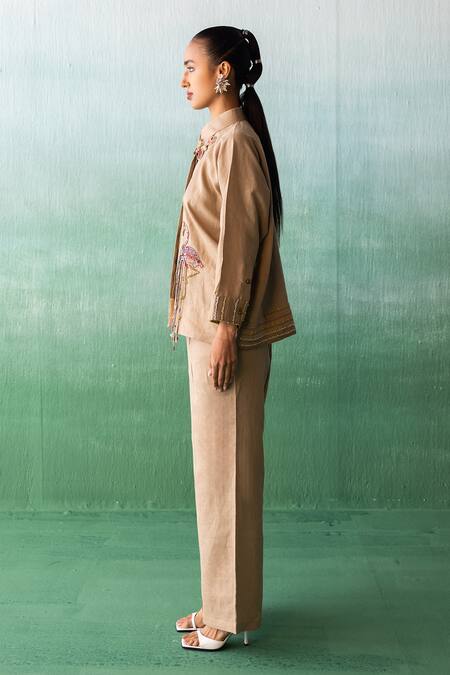 Buy_Archana Jaju_Brown Linen Embroidery, Sequins, Applique Shawl Crane-floral Shirt With Pant_Online_at_Aza_Fashions