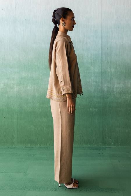 Shop_Archana Jaju_Brown Linen Embroidery, Sequins, Applique Shawl Crane-floral Shirt With Pant_Online_at_Aza_Fashions