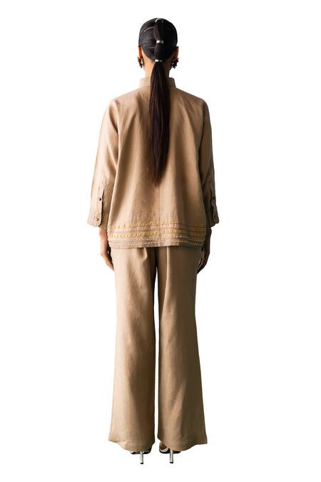 Archana Jaju_Brown Linen Embroidery, Sequins, Applique Shawl Crane-floral Shirt With Pant_at_Aza_Fashions