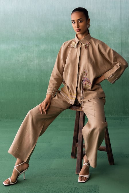 Shop_Archana Jaju_Brown Linen Embroidery, Sequins, Applique Shawl Crane-floral Shirt With Pant