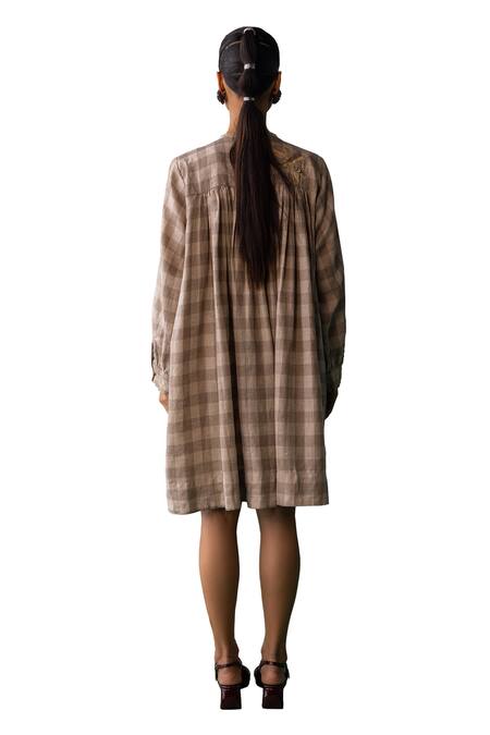Archana Jaju Brown Linen Beads, Applique Round Neck Checkered Kalamkari Threadwork Dress Online at Aza Fashions Archana Jaju_Brown Linen Beads, Applique Round Neck Checkered Kalamkari Threadwork Dress_Online_at_Aza_Fashions