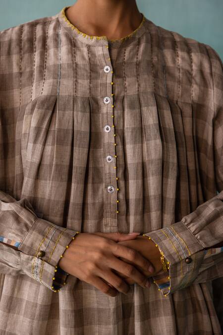 Buy Archana Jaju Brown Linen Beads, Applique Round Neck Checkered Kalamkari Threadwork Dress Online at Aza Fashions Buy_Archana Jaju_Brown Linen Beads, Applique Round Neck Checkered Kalamkari Threadwork Dress_Online_at_Aza_Fashions