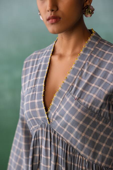 Buy Archana Jaju Blue Cotton, Linen Beads, Applique V-neck Side Floral Dress Online at Aza Fashions Buy_Archana Jaju_Blue Cotton, Linen Beads, Applique V-neck Side Floral Dress_Online_at_Aza_Fashions