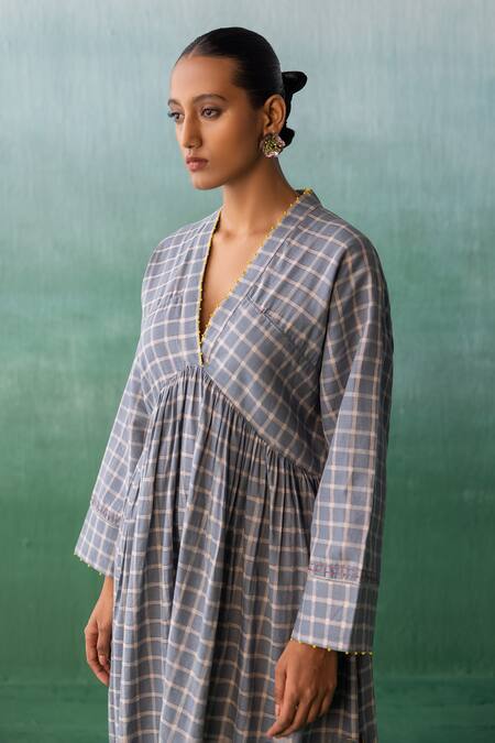 Shop Archana Jaju Blue Cotton, Linen Beads, Applique V-neck Side Floral Dress Online at Aza Fashions Shop_Archana Jaju_Blue Cotton, Linen Beads, Applique V-neck Side Floral Dress_Online_at_Aza_Fashions