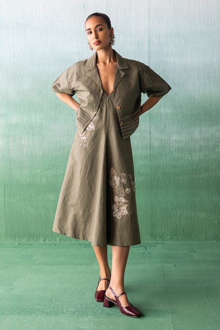 Archana Jaju Green Linen Embroidered Thread Dress Kalamkari Slip With Jacket 