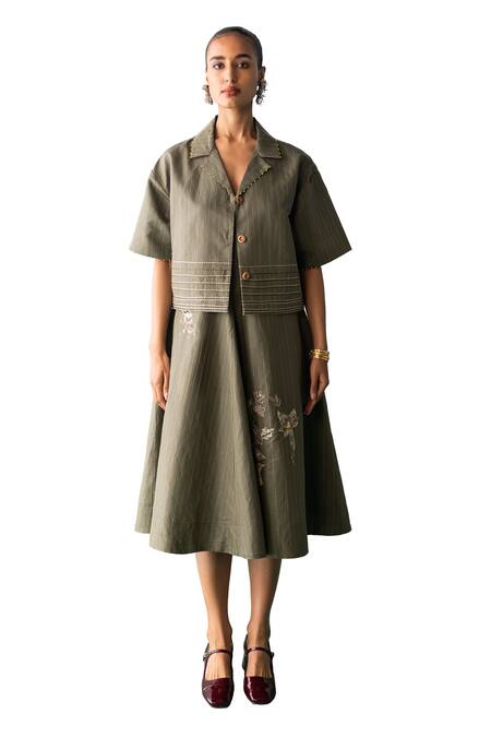 Buy Archana Jaju Green Cotton, Linen Applique, Beads Kalamkari Threadwork Slip Dress With Jacket Online at Aza Fashions Buy_Archana Jaju_Green Cotton, Linen Applique, Beads Kalamkari Threadwork Slip Dress With Jacket_Online_at_Aza_Fashions