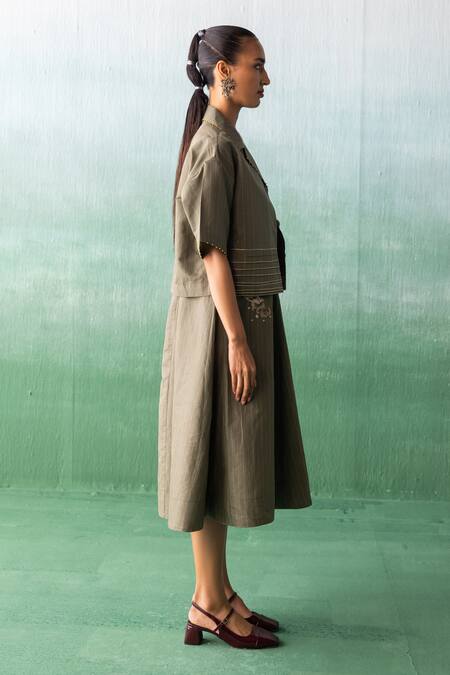 Shop Archana Jaju Green Cotton, Linen Applique, Beads Kalamkari Threadwork Slip Dress With Jacket Online at Aza Fashions Shop_Archana Jaju_Green Cotton, Linen Applique, Beads Kalamkari Threadwork Slip Dress With Jacket_Online_at_Aza_Fashions