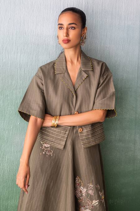 Buy Archana Jaju Green Cotton, Linen Applique, Beads Kalamkari Threadwork Slip Dress With Jacket Buy_Archana Jaju_Green Cotton, Linen Applique, Beads Kalamkari Threadwork Slip Dress With Jacket