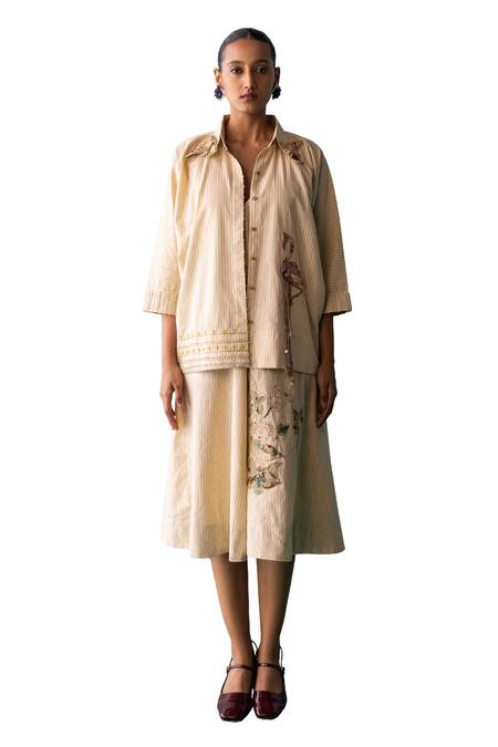 Buy Archana Jaju Yellow Cotton, Linen Beads, Applique V-neck, Kalamkari Slip Dress With Jacket Buy_Archana Jaju_Yellow Cotton, Linen Beads, Applique V-neck, Kalamkari Slip Dress With Jacket