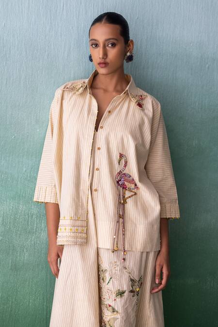 Shop Archana Jaju Yellow Cotton, Linen Beads, Applique V-neck, Kalamkari Slip Dress With Jacket Shop_Archana Jaju_Yellow Cotton, Linen Beads, Applique V-neck, Kalamkari Slip Dress With Jacket