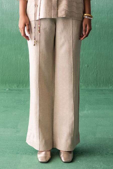 Buy Archana Jaju Beige Linen Embroidery Shawl Neck Kalamkari Applique Shirt With Pant Online at Aza Fashions Buy_Archana Jaju_Beige Linen Embroidery Shawl Neck Kalamkari Applique Shirt With Pant_Online_at_Aza_Fashions