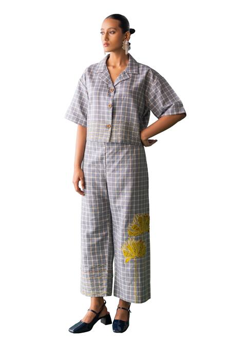 Archana Jaju Blue Cotton, Linen Applique Checkered Threadwork Cropped Shirt With Pant Online at Aza Fashions Archana Jaju_Blue Cotton, Linen Applique Checkered Threadwork Cropped Shirt With Pant_Online_at_Aza_Fashions